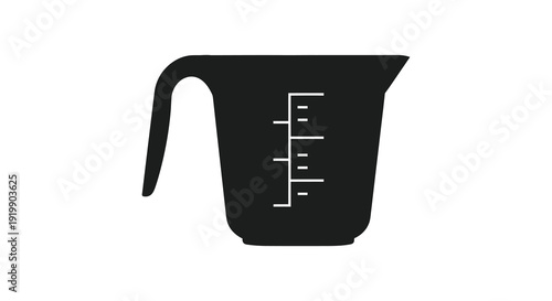 A simple minimalist line drawing depicts a black measuring cup with white measurement markings on its side