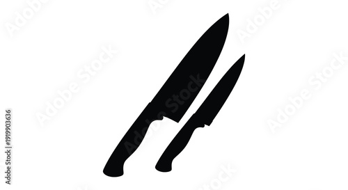 A stark depiction showcases two black knives one larger and one smaller angled diagonally against a white background