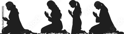 Praying woman silhouette vector set, kneeling female prayer poses collection, spiritual worship illustration, religious meditation isolated black graphic
