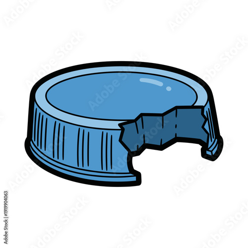 Blue plastic bottle cap with chipped edge isolated on white background, showcasing detail and texture in a minimalist composition, lid