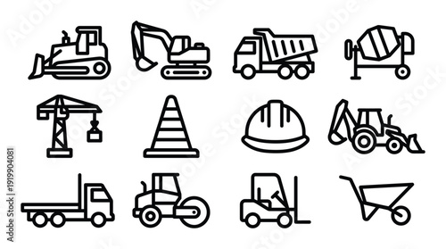 Construction vehicles and equipment vector icons set heavy machinery and building site elements design