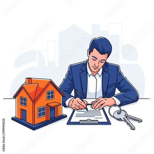 Real Estate Agent Signing Contract with House Model and Keys for Property Sale
