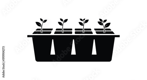 A simple black and white graphic depicts three small seedlings growing in a rectangular container high quality professional