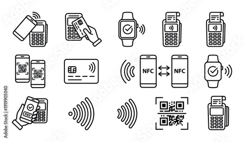 Digital payment and contactless transaction icons set for nfc technology smart banking and commerce