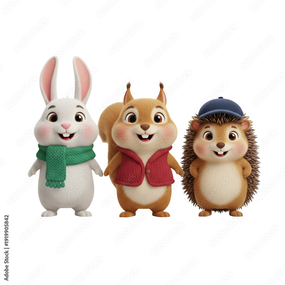 Fototapeta premium Charming woodland animal friends standing together smiling sweetly, ready for adventure