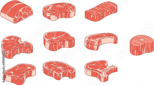 Meat, steak, beef, cuts, butcher, raw, food, protein, cooking, barbecue, fresh, kitchen, ingredient, carnivore, cuisine, isolated, vector, illustration, set, collection