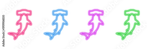 Konstfotografi Neon glowing hammerhead shark vector icons set, marine, ocean, predator, vibrant glow, colorful outline, digital illustration
