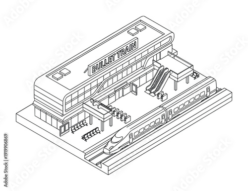 Isometric bullet train station with train platform and escalator in outline