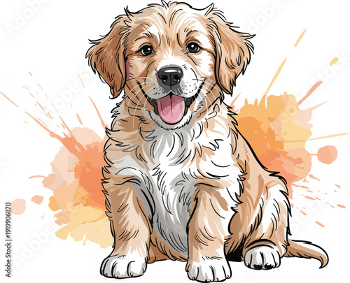 Adorable golden retriever puppy sitting with orange and yellow watercolor splashes