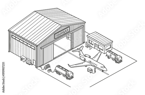 Isometric hangar and airplane vector design for aircraft storage in flat linear style art