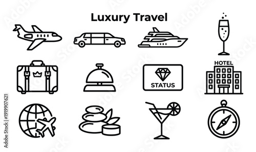Luxury travel concept and comfortable journey vector icon set for premium tourism vacation