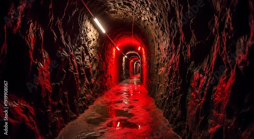 Illuminated subterranean passageway features wet stone walls and repeating red light sources