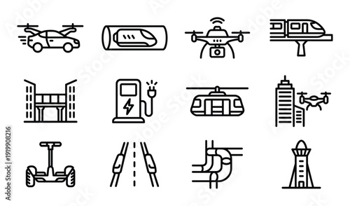 Modern transport future city mobility vehicle thin line icons drone monorail electric car and segway