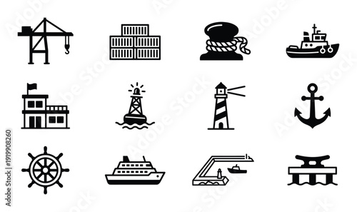 Nautical vector icons set maritime and marine symbols for sea navigation and shipping industry design
