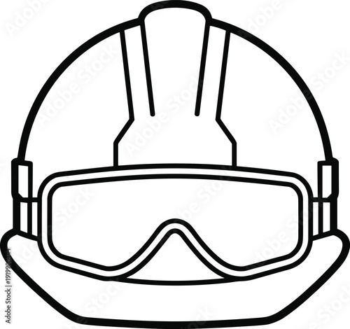 Black and white line of a construction hard hat with safety goggles protective gear