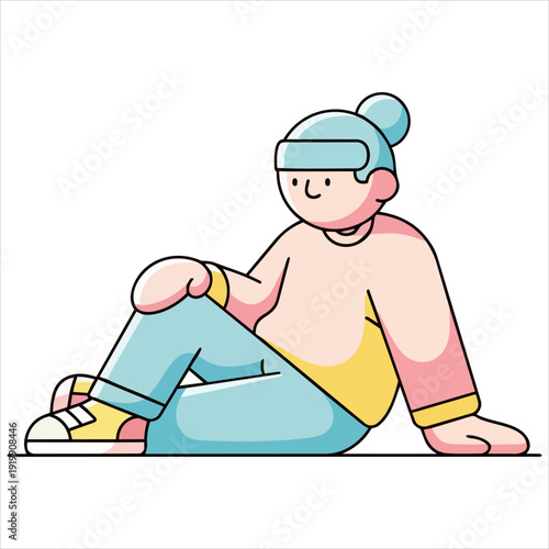 Illustration of a person sitting on the floor wearing virtual reality headset and relaxed casual clothing