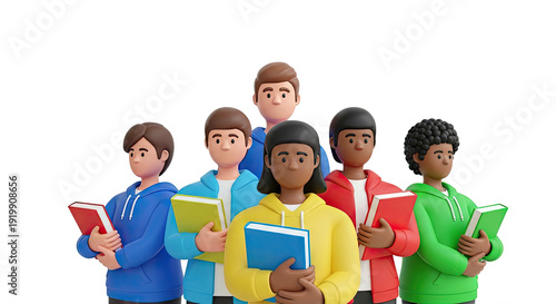 Diverse group of 3D cartoon students holding books