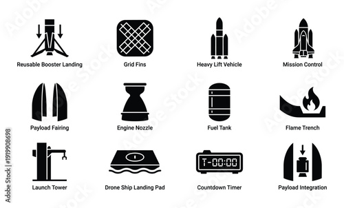 Rocket launch and aerospace engineering icons showing spacecraft technology and ground control systems