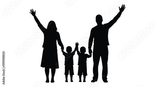 Silhouette of a family with two parents and two children celebrating with raised arms isolated on white background, Vector