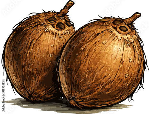 two brown coconuts whole tropical fruit illustration