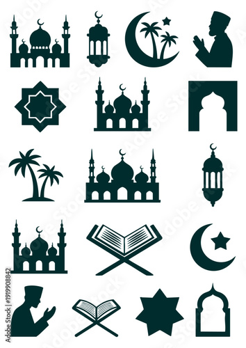 Islamic ramadan and eid icon set silhouette, Modern muslim mosque quran and lantern symbols, Arabic religious elements for ramadan kareem, Black islamic silhouettes for eid mubarak design