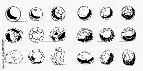 Set of continuous line drawing of various gemstones, minerals, and crystals in doodle style.