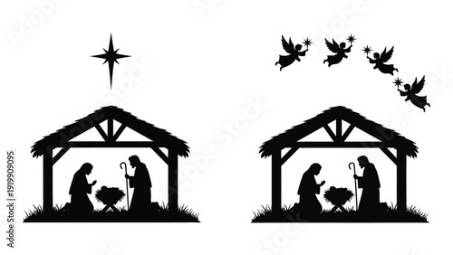 Two black and white nativity scenes with birds and a star above isolated on white background, Vector
