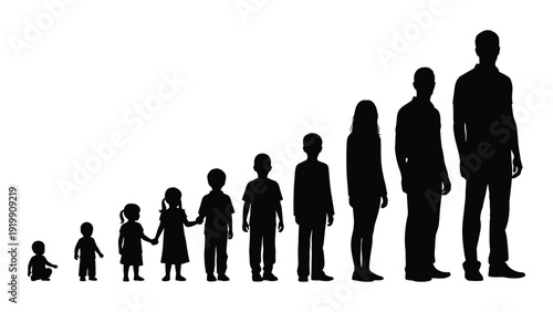 Silhouettes of people of varying ages and heights standing in a line isolated on white background, Vector
