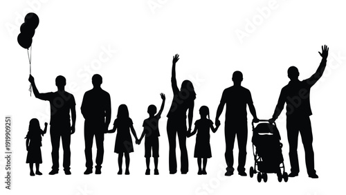 A diverse group of people holding flags and balloons in a celebratory gathering isolated on white background, Vector