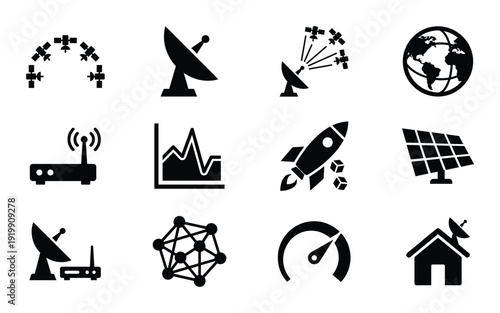 Set of conceptual icons of interplanetary infrastructure and space colonization resources background