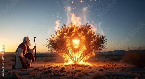 Venerable elder kneels before a brightly burning shrub in arid landscape at dusk