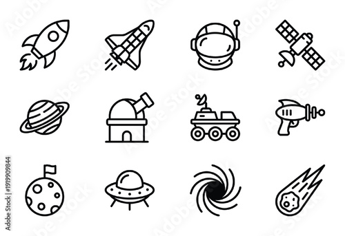 Set of space exploration and adventure astronomy symbols of science vector black icon