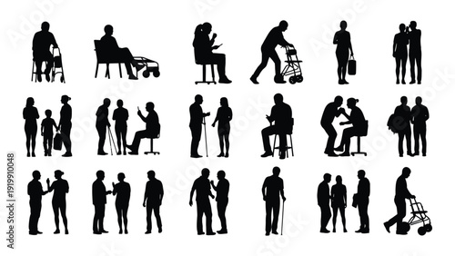 A diverse collection of black silhouette figures engaged in various activities and poses. isolated on white background, Vector