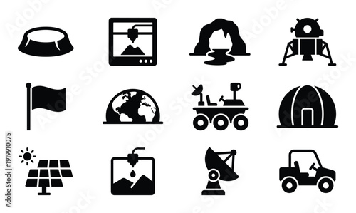 Space exploration icons set with moon lander rover satellite dish solar panels and planet landscape