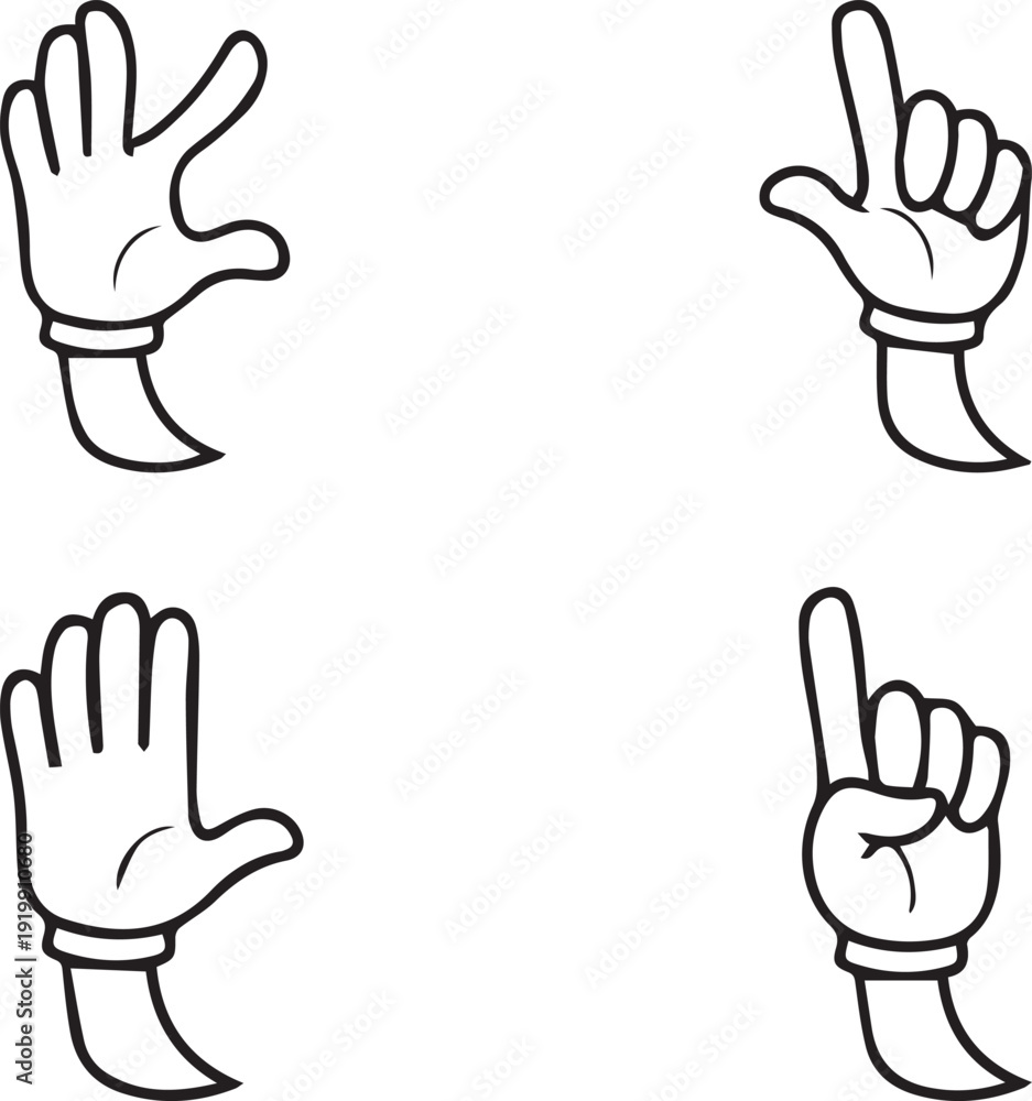 Fototapeta premium An illustration of four cartoon hands displaying different gestures on a white background 