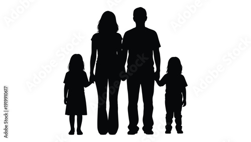 Silhouette of a family of four standing together holding hands isolated on white background, Vector