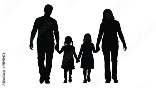 A family of four walking hand in hand during the day. isolated on white background, Vector