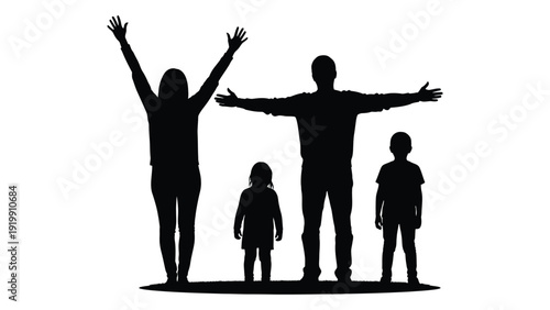 A silhouette of a family of four standing together with arms outstretched isolated on white background, Vector