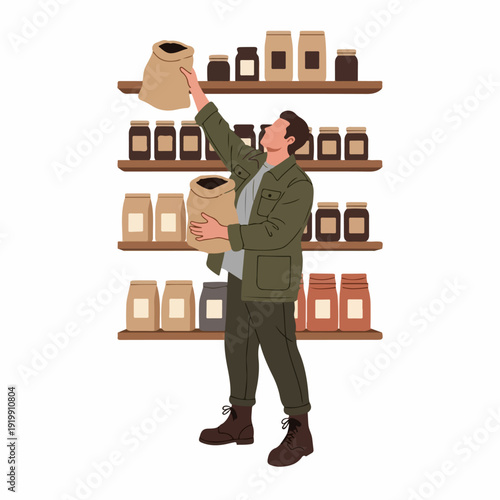 Man stocking shelves in a zero-waste or bulk food store, organizing various bags and jars of eco-friendly provisions for sustainable shopping and a healthy lifestyle.