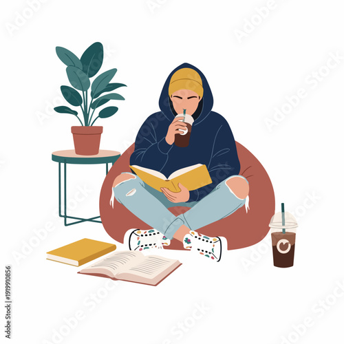 Young person relaxing on a beanbag chair, reading a book and enjoying a drink, surrounded by cozy elements and plants, promoting comfort and leisure time.