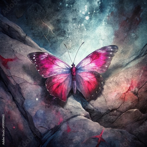 A Vibrant Pink Butterfly Perched on Textured Rocks Amidst an Ethereal, Moody Background