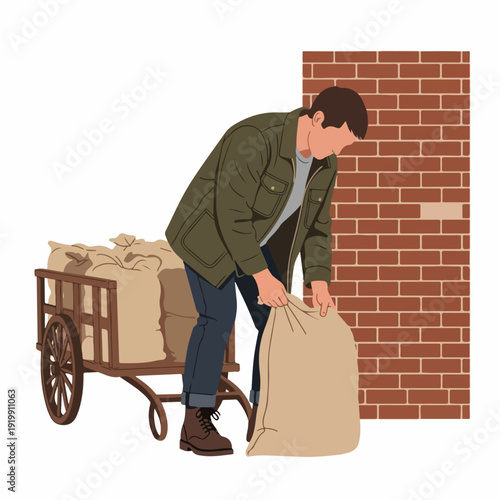 Man loading a large burlap sack onto a wooden cart filled with other sacks, against a brick wall, depicting manual labor and traditional transport.