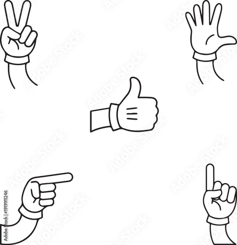 A set of cartoon hands making different gestures on a white background
