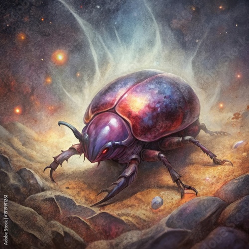 Detailed Garnet Granules Dusted Across A Vivid Rhinoceros Beetle Showing Its Iridescent Shell and Intricate Legs On A Rocky Surface