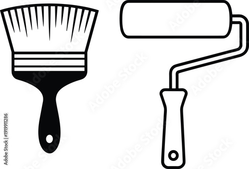 Black and white of a paintbrush and a paint roller on a white background tool painting