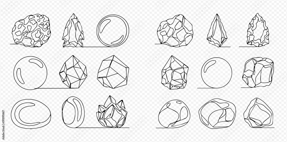 Ταπετσαρία Set of continuous line art drawings depicting various gemstones, crystals, and rocks, illustrating different facets and shapes