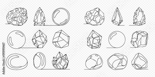 Set of continuous line art drawings depicting various gemstones, crystals, and rocks, illustrating different facets and shapes.