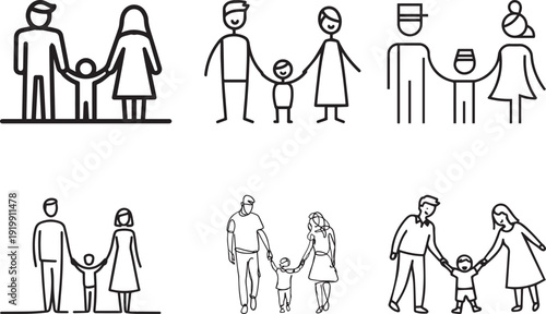 A collection of simple stick figure illustrations depicting diverse family structures and relationships in a minimalist style
