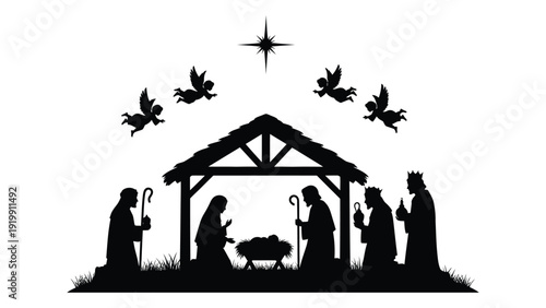Silhouette of nativity scene with angels and star above manger isolated on white background, Vector
