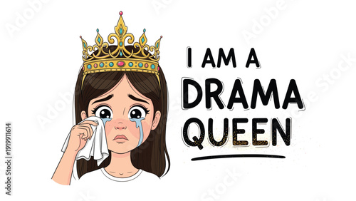 Sad girl wearing a golden crown crying and holding a tissue with drama queen text for emotional personality concept.